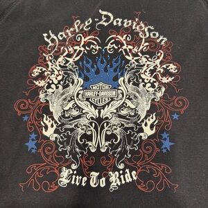 Harley-Davidson Black Tee with Red and Blue Graphic sequins